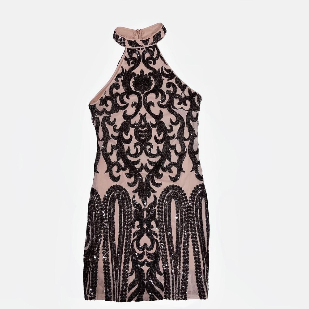 Nude Sequin Halter Neck Dress